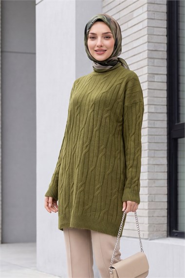 Bisiklet Yaka Desenli Triko Tunik  -Haki