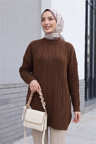 Bisiklet Yaka Desenli Triko Tunik  -Kahverengi