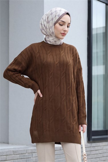 Bisiklet Yaka Desenli Triko Tunik  -Kahverengi