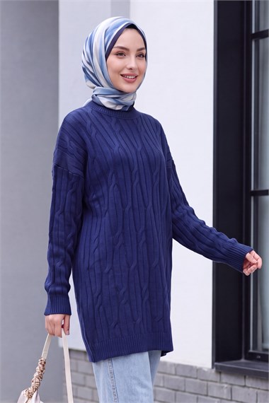 Bisiklet Yaka Desenli Triko Tunik  -Lacivert