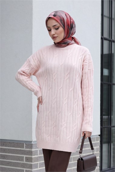 Bisiklet Yaka Desenli Triko Tunik  -Pudra