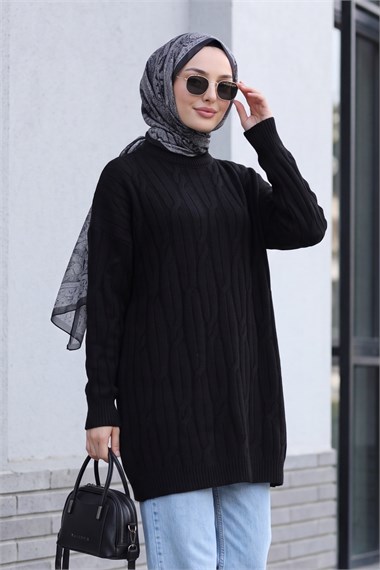 Bisiklet Yaka Desenli Triko Tunik  -Siyah
