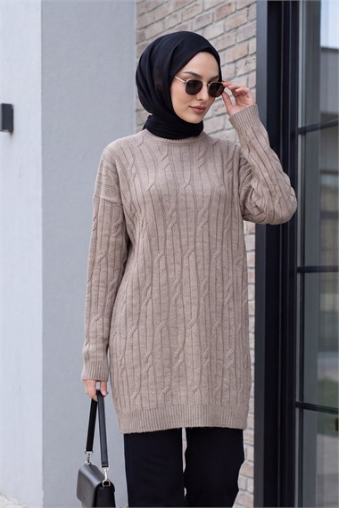 Bisiklet Yaka Desenli Triko Tunik  -Toprak