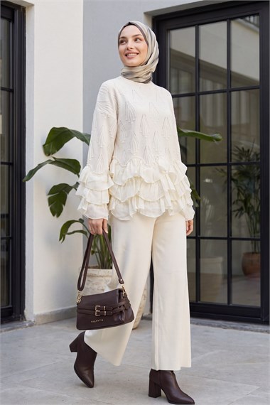 Womens Crew-Neck Ruffle-Detail Waist Drawstring Pants Knit Set - Ecru