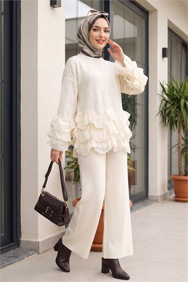 Womens Crew-Neck Ruffle-Detail Waist Drawstring Pants Knit Set - Ecru