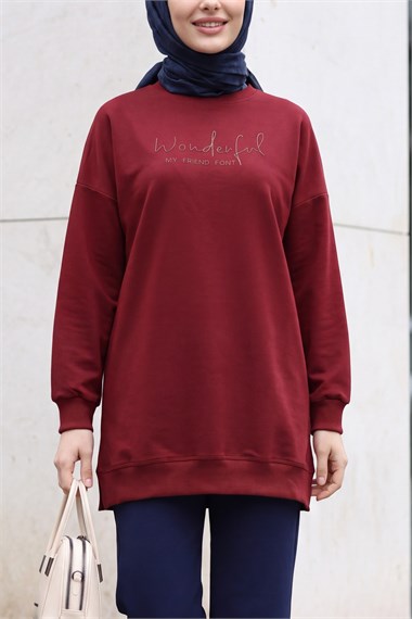Bisiklet Yaka Kabartma Yazılı Penye Sweat -Bordo