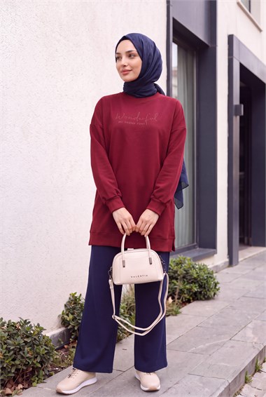Bisiklet Yaka Kabartma Yazılı Penye Sweat -Bordo