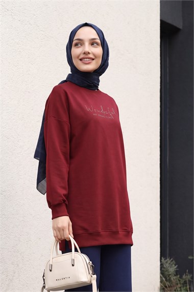 Bisiklet Yaka Kabartma Yazılı Penye Sweat -Bordo