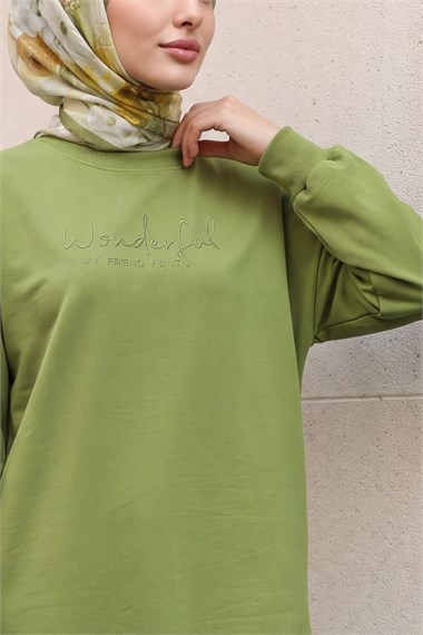 Bisiklet Yaka Kabartma Yazılı Penye Sweat -Haki