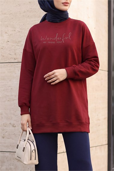 Bisiklet Yaka Kabartma Yazılı Penye Sweat -Bordo