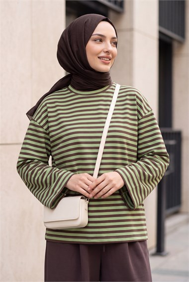 Bisiklet Yaka Kalın Çizgili Likralı Oversize Sweat -Yeşil