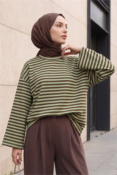 Bisiklet Yaka Kalın Çizgili Likralı Oversize Sweat -Yeşil