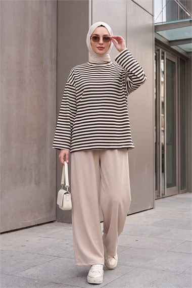 Bisiklet Yaka Kalın Çizgili Likralı Oversize Sweat  -Kahverengi