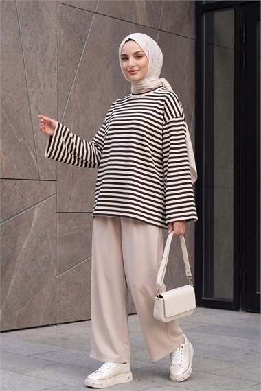 Bisiklet Yaka Kalın Çizgili Likralı Oversize Sweat  -Kahverengi