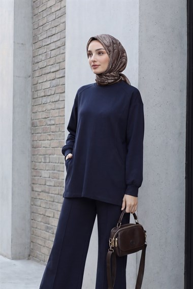 Bisiklet Yaka Oversize Cepli Pantolonlu Penye Takım -Lacivert