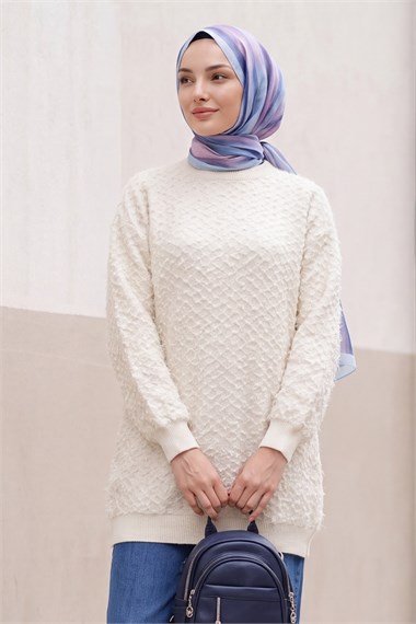 Bisiklet Yaka Sim Detaylı Sakallı Triko Tunik -Ekru