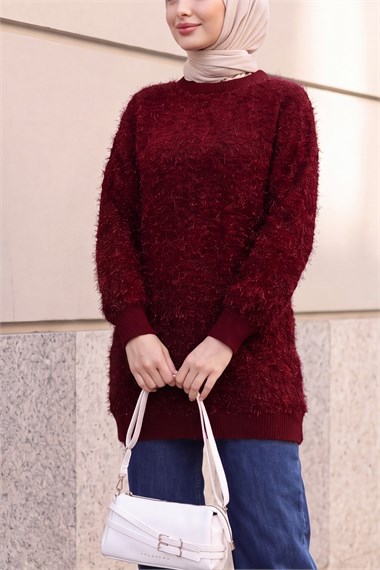 Bisiklet Yaka Sim Detaylı Sakallı Triko Tunik -Bordo
