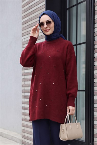 Bisiklet Yaka Taşlı Balon Kol Salaş Triko Tunik -Bordo
