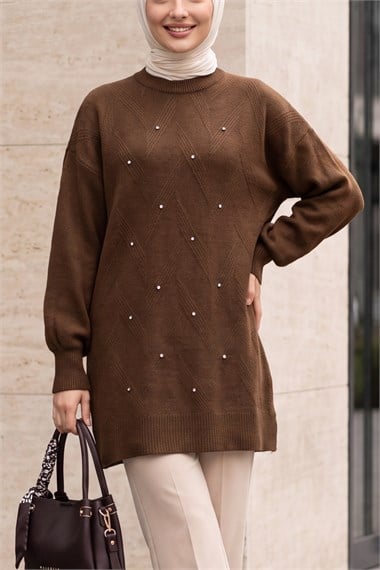 Bisiklet Yaka Taşlı Balon Kol Salaş Triko Tunik -Koyu Kahverengi