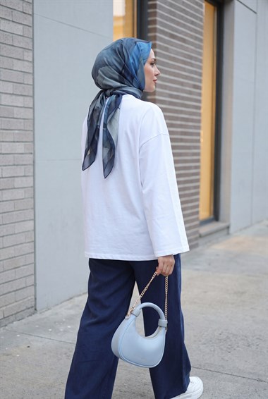 Bisiklet Yaka Uzun Kollu Oversize Penye Sweat -Beyaz