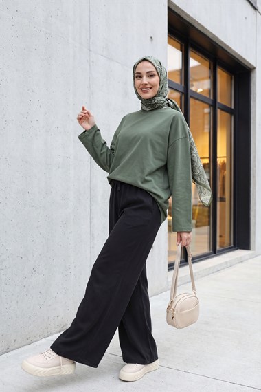 Bisiklet Yaka Uzun Kollu Oversize Penye Sweat -Haki