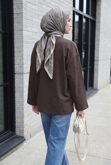 Bisiklet Yaka Uzun Kollu Oversize Penye Sweat -Koyu Kahverengi