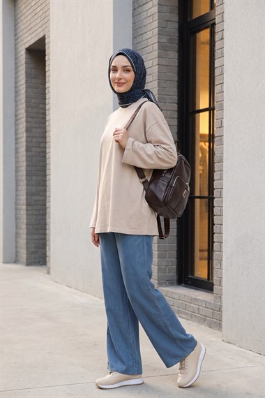 Bisiklet Yaka Uzun Kollu Oversize Penye Sweat -Taş rengi
