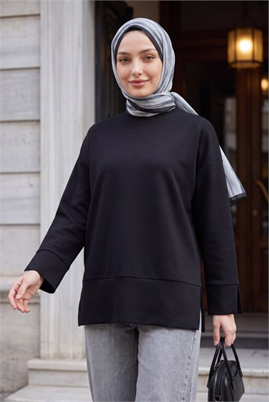 Bisiklet Yaka Yırtmaçlı Likralı Oyşo Sweat -Siyah