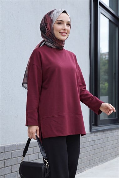 Bisiklet Yaka Yırtmaçlı Oversize Penye Tunik  -Mürdüm