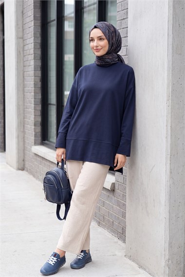 Bisiklet Yaka Yırtmaçlı Oversize Penye Tunik  -Lacivert
