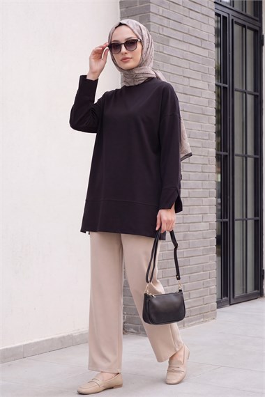 Bisiklet Yaka Yırtmaçlı Oversize Penye Tunik  -Siyah
