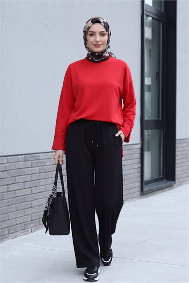 Bisiklet Yaka Yırtmaçlı Oversize Penye Tunik  -Kırmızı