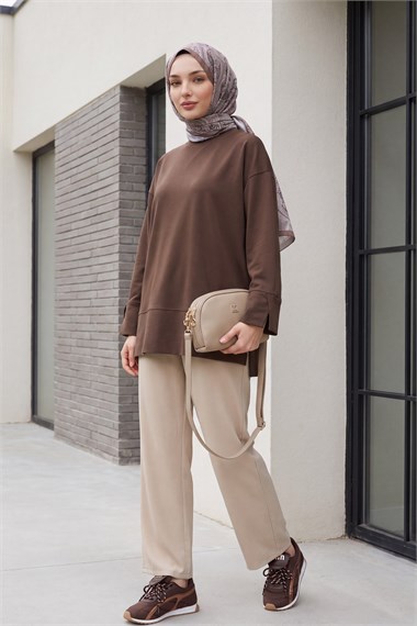 Bisiklet Yaka Yırtmaçlı Oversize Penye Tunik  -Koyu Kahverengi