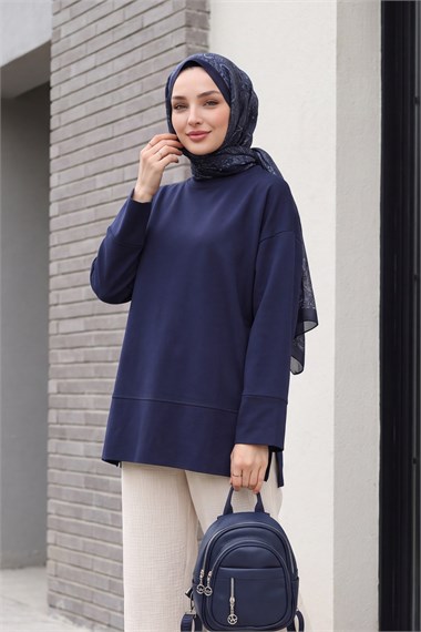 Bisiklet Yaka Yırtmaçlı Oversize Penye Tunik  -Lacivert