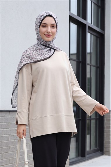 Bisiklet Yaka Yırtmaçlı Oversize Penye Tunik  -Vizon