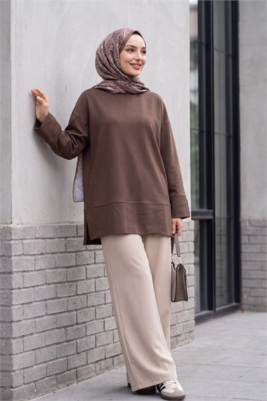 Bisiklet Yaka Yırtmaçlı Oversize Penye Tunik  -Koyu Kahverengi