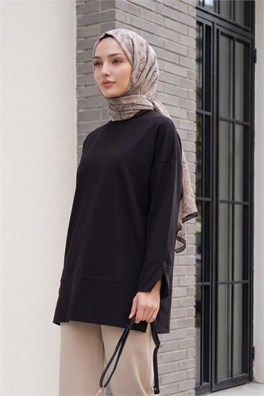Bisiklet Yaka Yırtmaçlı Oversize Penye Tunik  -Siyah