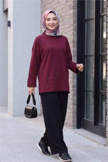 Bisiklet Yaka Yırtmaçlı Oversize Penye Tunik  -Mürdüm