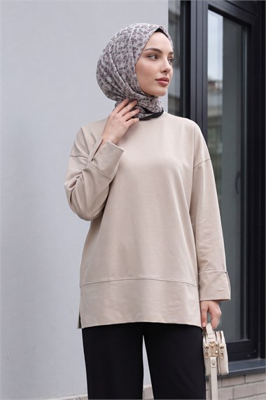 Bisiklet Yaka Yırtmaçlı Oversize Penye Tunik  -Vizon