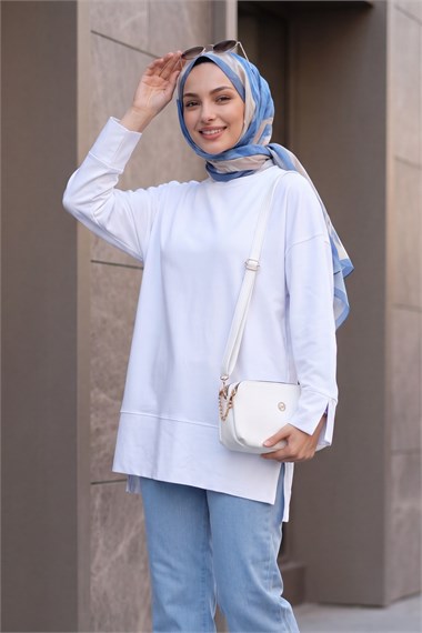 Bisiklet Yaka Yırtmaçlı Oversize Penye Tunik  -Beyaz