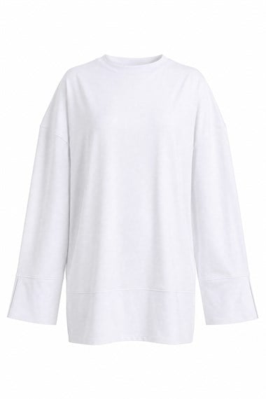 Bisiklet Yaka Yırtmaçlı Oversize Penye Tunik  -Beyaz