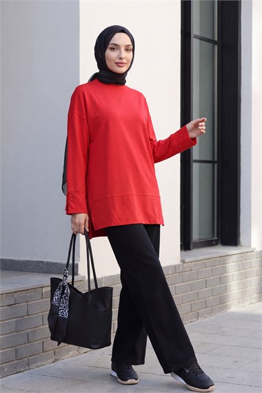Bisiklet Yaka Yırtmaçlı Oversize Penye Tunik  -Kırmızı