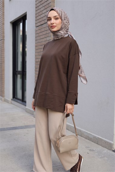 Bisiklet Yaka Yırtmaçlı Oversize Penye Tunik  -Koyu Kahverengi