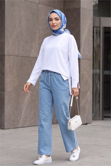 Bisiklet Yaka Yırtmaçlı Oversize Penye Tunik  -Beyaz
