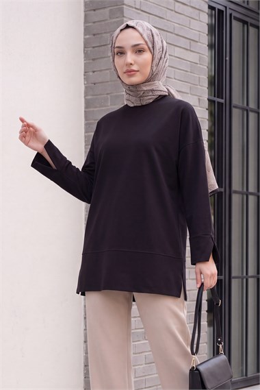 Bisiklet Yaka Yırtmaçlı Oversize Penye Tunik  -Siyah