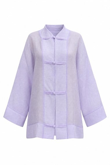 Biye Düğmeli V Yaka Organze Vual Oversize Kimono -Lila