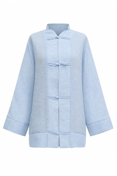 Biye Düğmeli V Yaka Organze Vual Oversize Kimono -Bebe Mavi