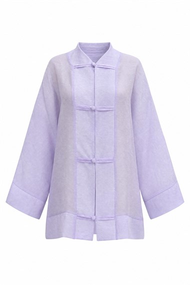 Biye Düğmeli V Yaka Organze Vual Oversize Kimono -Lila