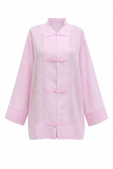 Biye Düğmeli V Yaka Organze Vual Oversize Kimono -Pembe