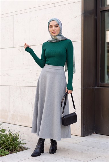 Boğazlı Parmak Geçirme Detaylı Triko Body -Zümrüt yeşili